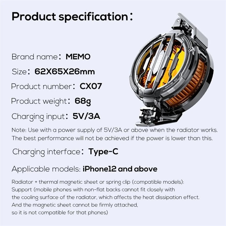 MEMO CX07 Phone Cooler Cooling Fan For Phone Radiator Phone Cooler For Gaming